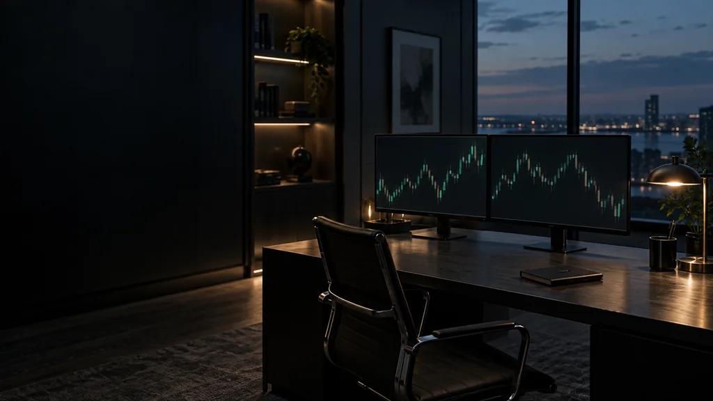 Concepto de un estudio con dos monitores, un cuaderno y vistas al atardecer.
