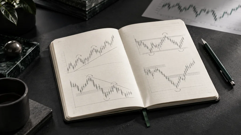 Concepto editorial de un cuaderno de estudio, diagramas del mercado dibujados a mano y un bolígrafo sobre un escritorio grafito.